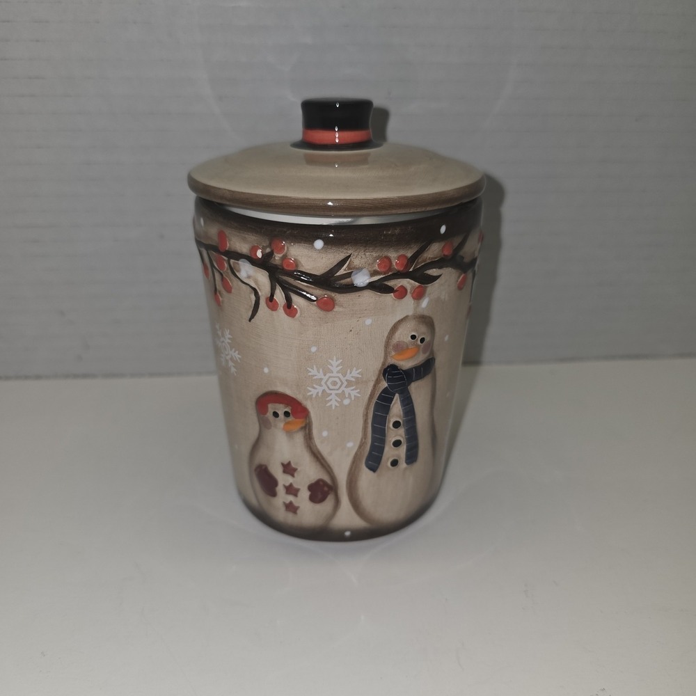 LTD Commodities Snowmen with Holly Lidded Canister‎ Small Brown Seasonal Cute